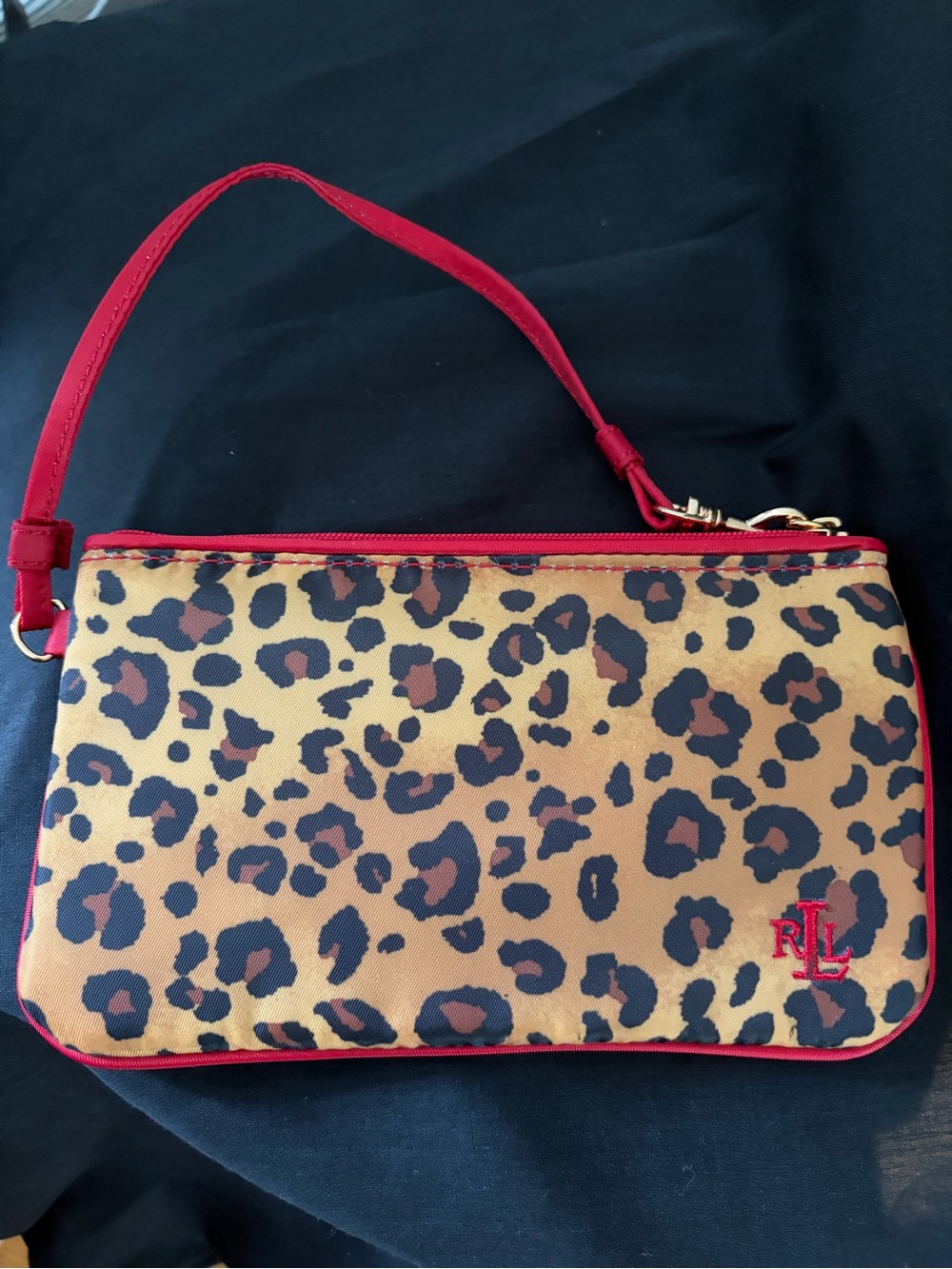 Ralph Lauren Leopard Print Wristlet in Tan and Red Trim